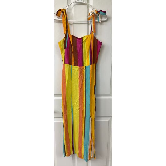 Gianni Bini linen striped midi dress yellow pink turquoise small NWT - Picture 5 of 8